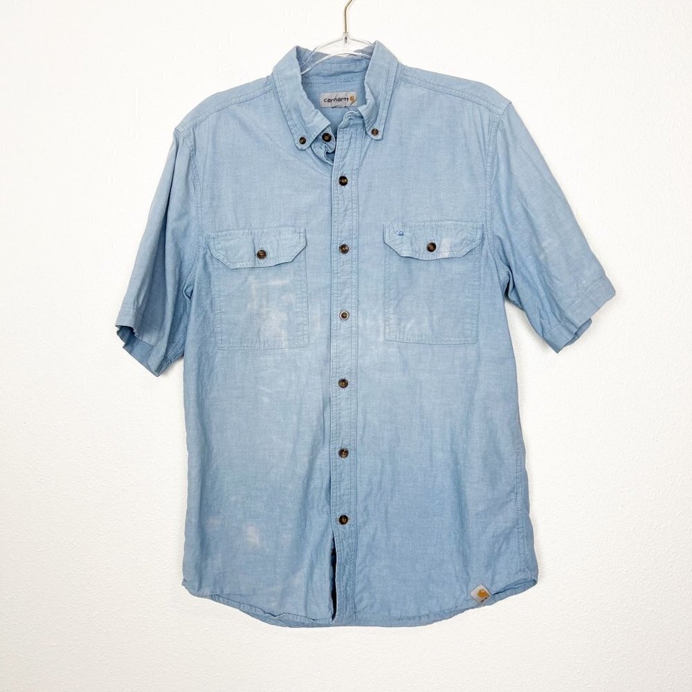 Carhartt Mens Medium Chambray Button Front Short Sleeve Shirt Bleach Stains